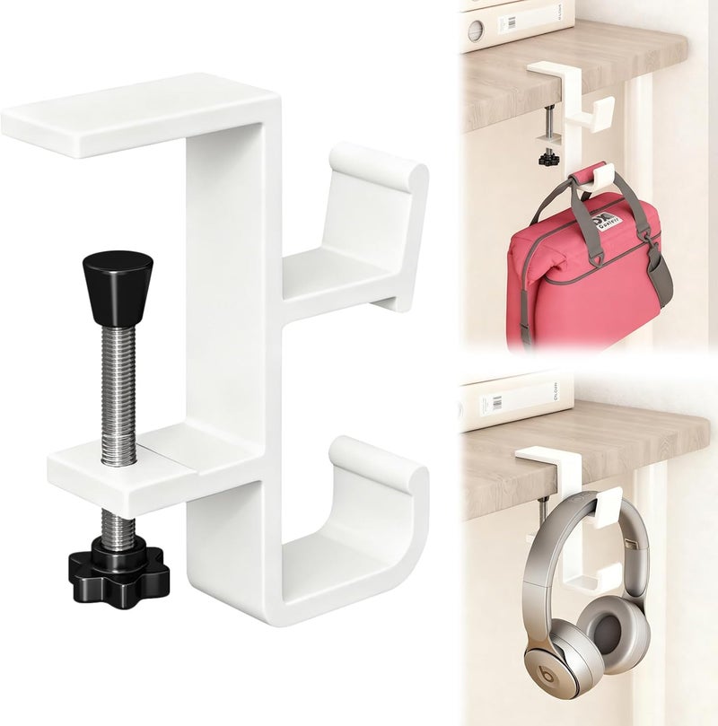Sereficy Desk Hook for Bag, Under Desk Handbag Hanger Purse Hook for Table, Aluminum Backpack Holder, Desk Mount Hook for Umbrellas, Headphone, White - Image 1